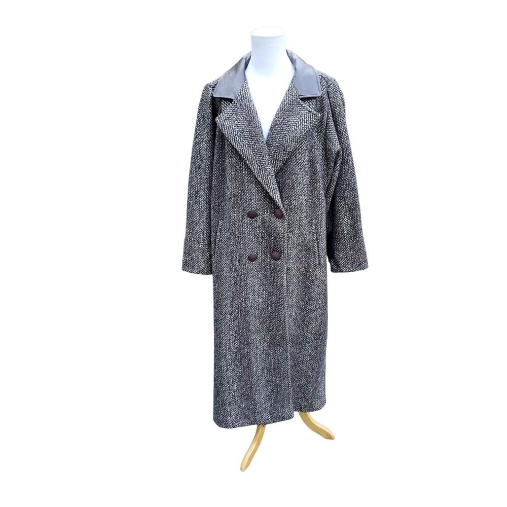 VTG J. F. II Brown Herringbone Wool Blend Pea Over Coat Leather Trim Fits L/XL